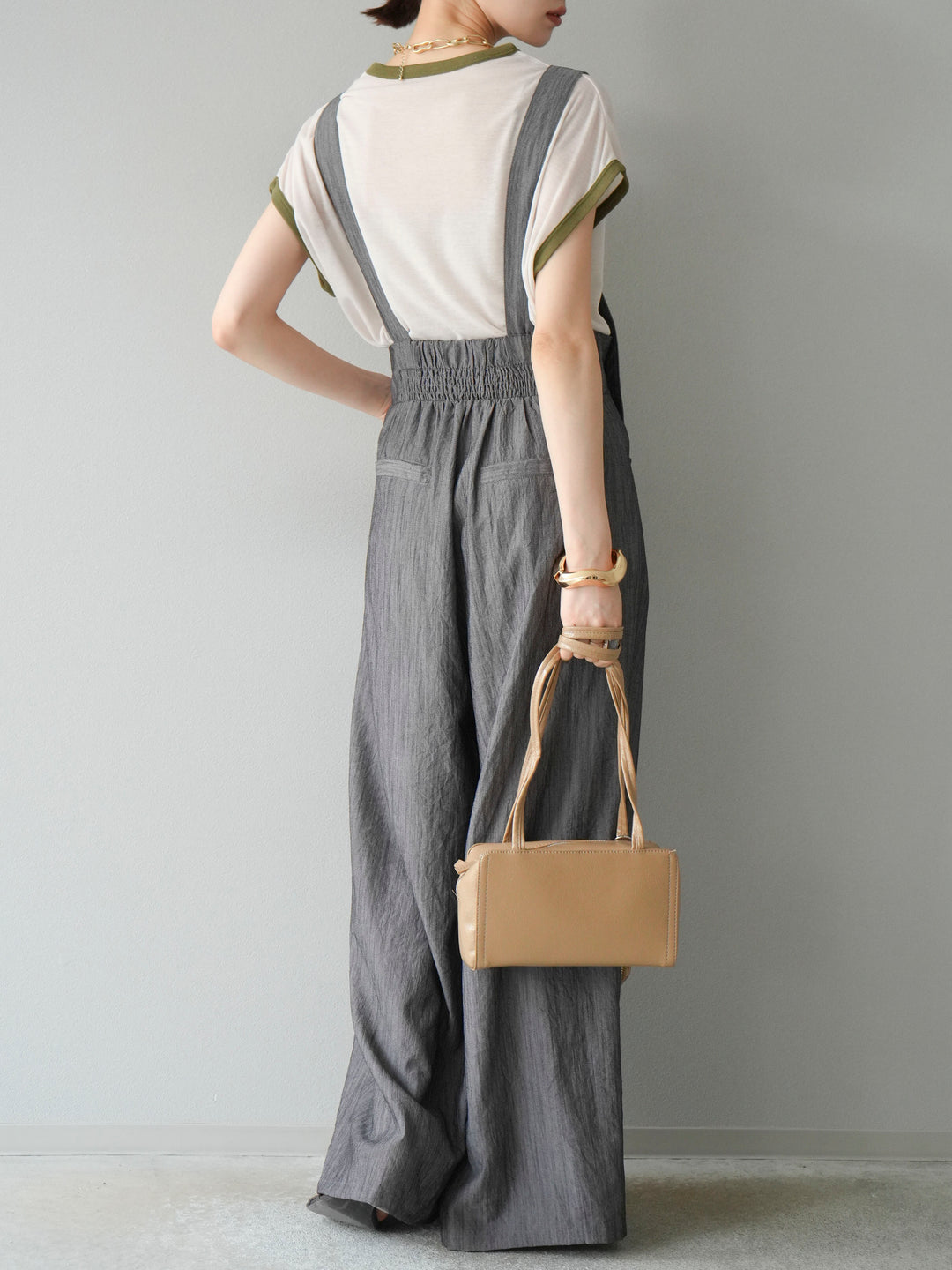 [予約]ストリングデザインハイウエストサロペット/チャコール