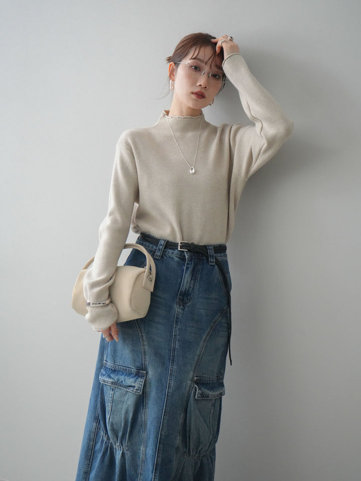 [予約]ボトルネック裾カールリブニットトップス/ivory