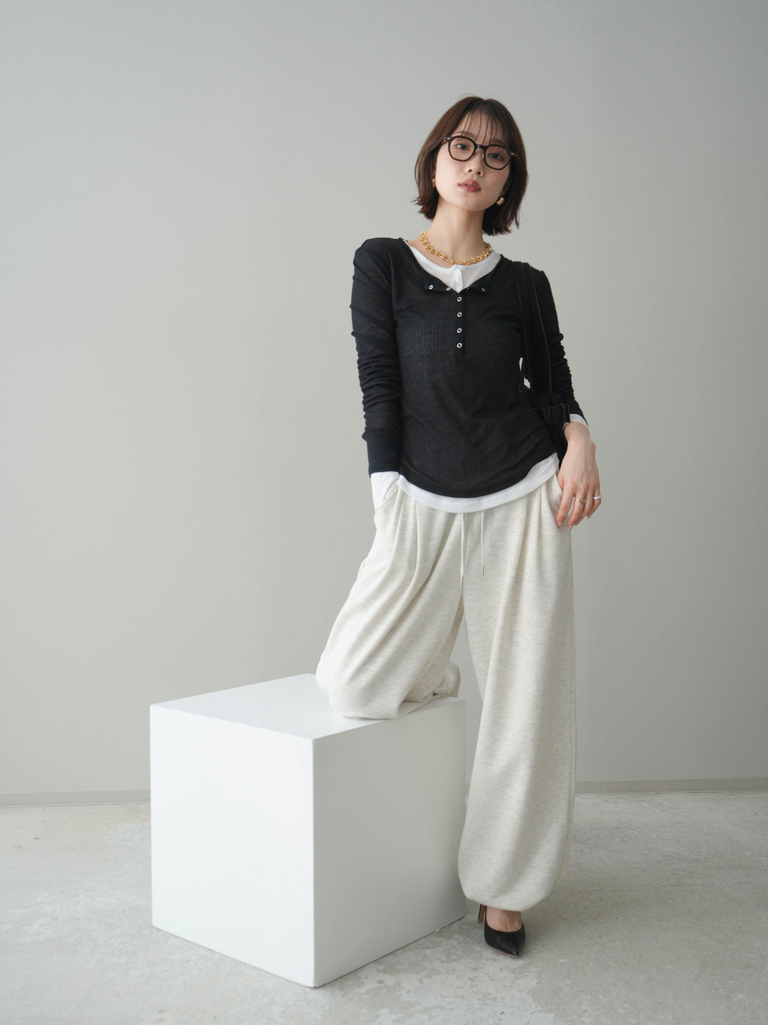 [予約]シアーリブヘンリーネックロンT/black