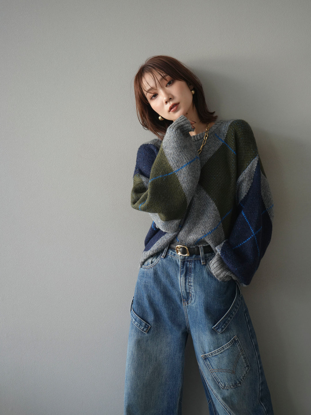 [予約]配色ステッチアーガイル柄ニットプルオーバー/gray