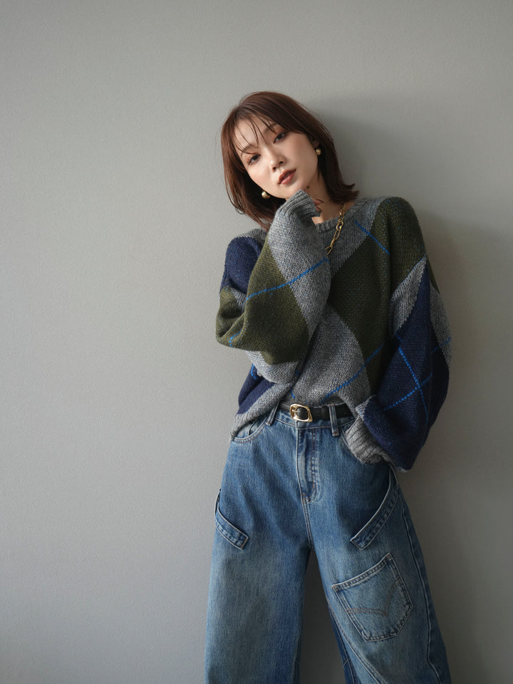 [予約]配色ステッチアーガイル柄ニットプルオーバー/gray