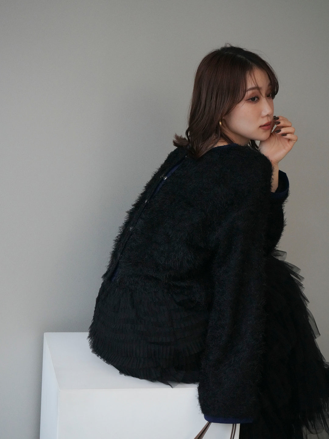 [予約]バイカラー2WAYシャギーニットカーディガン/black