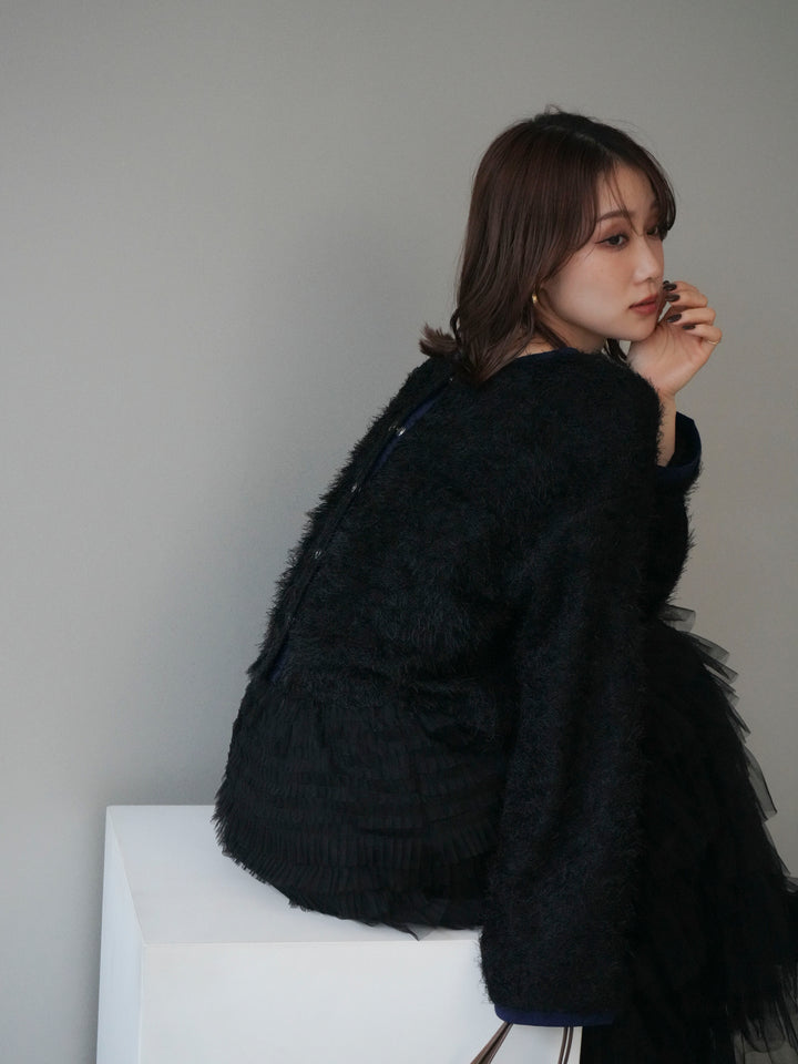 [予約]バイカラー2WAYシャギーニットカーディガン/black