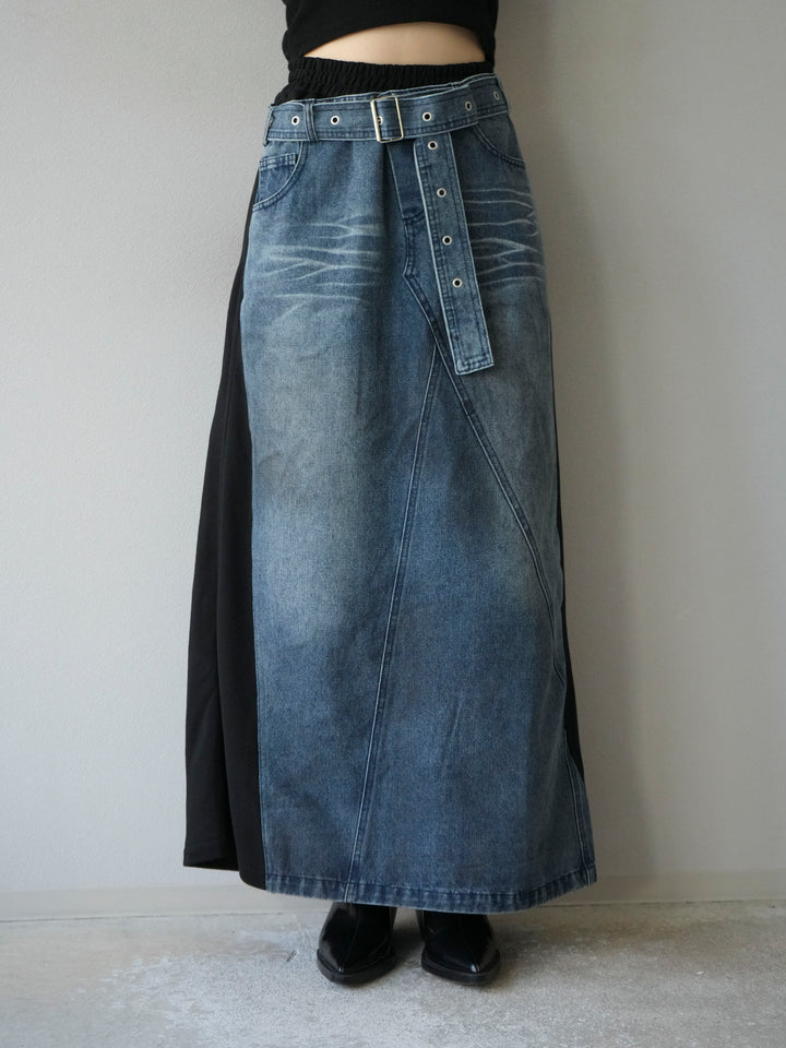[予約]デザインベルトデニムドッキングスウェットスカート/ブラック