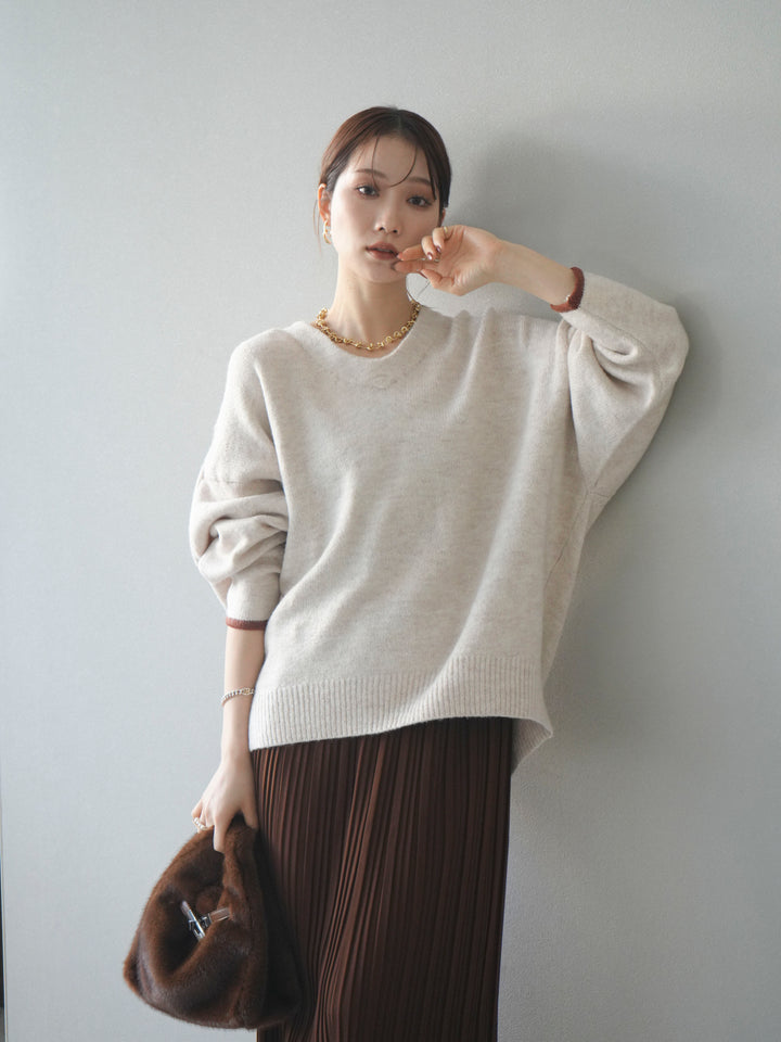 [SET]Vネック配色スリーブニットプルオーバー+選べるアクセセット(2set)