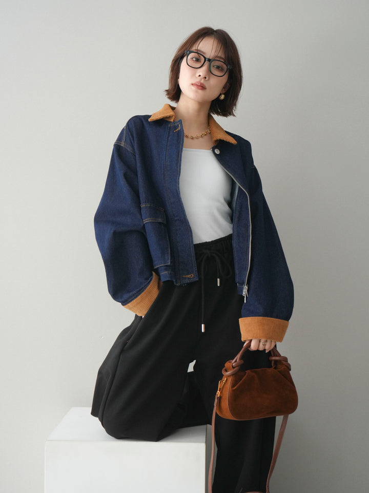 [予約]コーデュロイ×デニムショートカバーオール/indigo