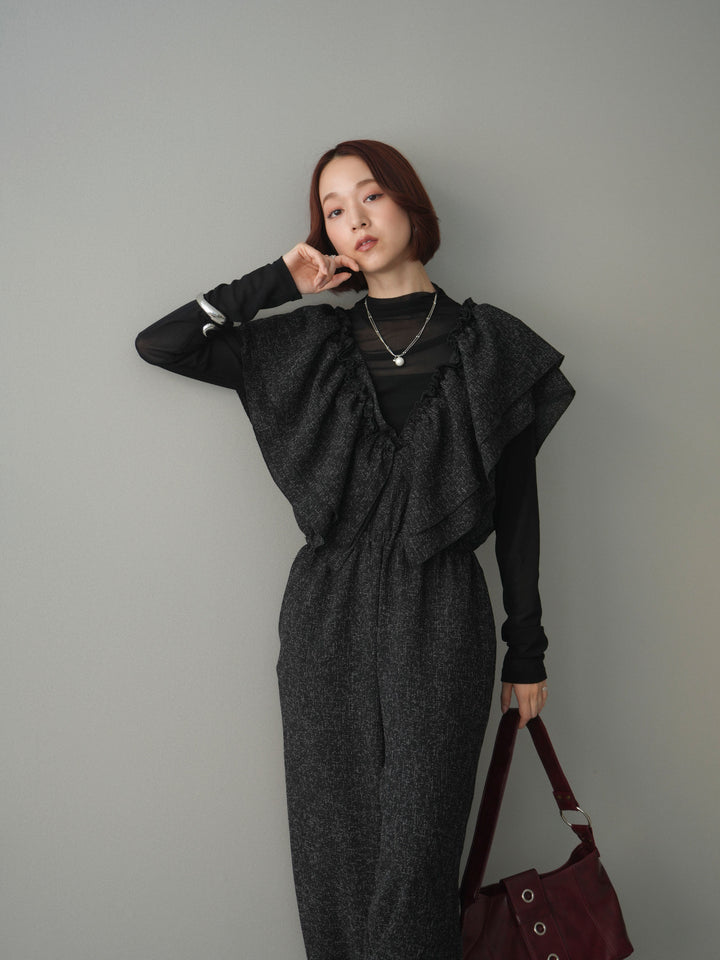 [SET]3WAYミックスツイードギャザーオールインワン+シアープチネックストレッチトップス(2set)