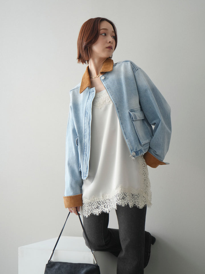 [予約]コーデュロイ×デニムショートカバーオール/bleach