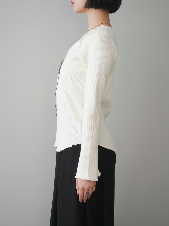 [予約]レースネックレースアップリブニットトップス/ivory