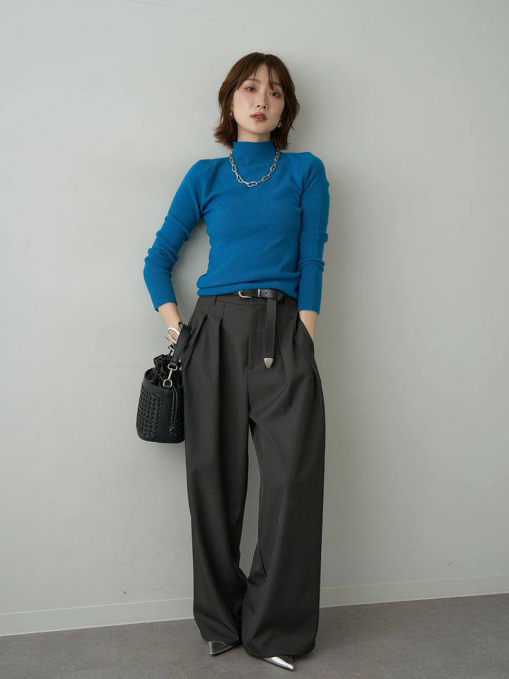 [SET]リブモックネックニットトップス+ツイルタックワイドパンツ(2set)