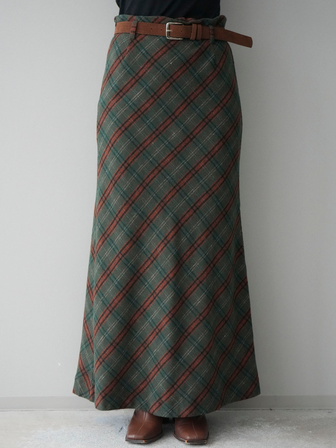 [予約]ベルト付チェック柄ナロースカート/green