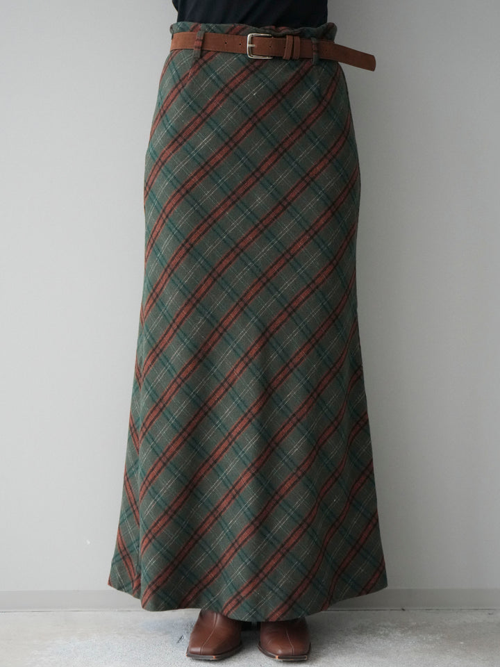 [予約]ベルト付チェック柄ナロースカート/green