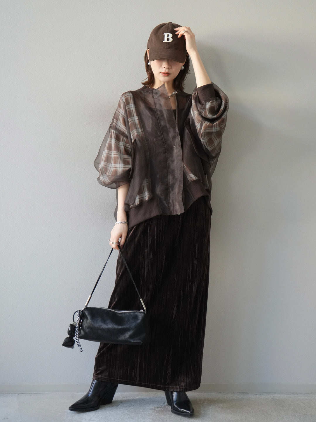 [預購] 格紋薄紗對接外套/棕色