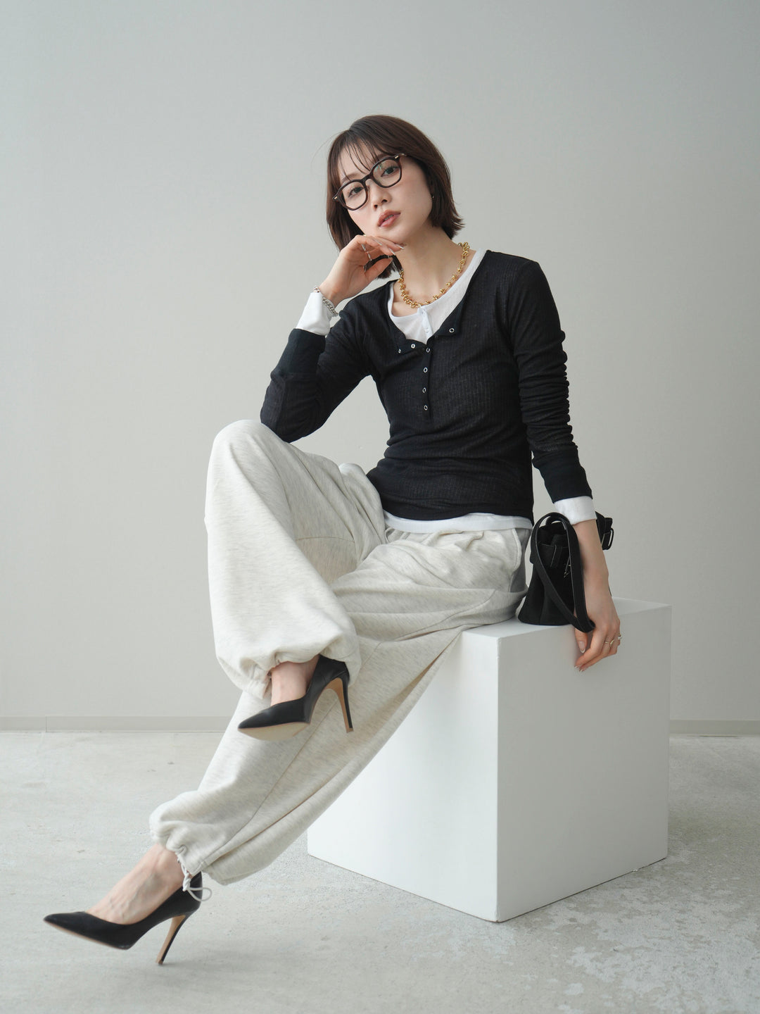 [予約]シアーリブヘンリーネックロンT/black