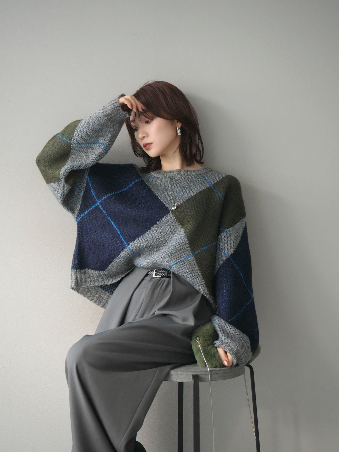 [予約]配色ステッチアーガイル柄ニットプルオーバー/gray