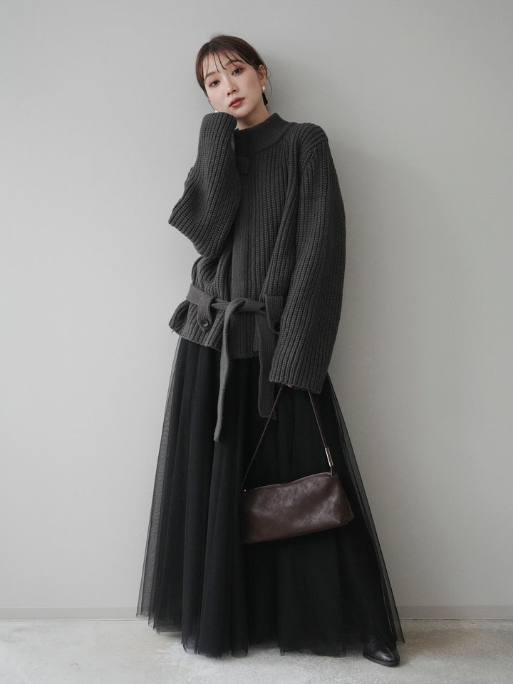 [予約]畦編みボトルネックZIPニットカーディガン/ gray