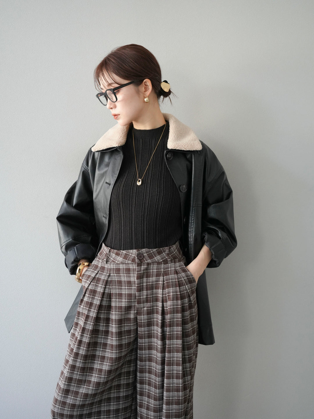 [予約]襟ボアレザーブルゾン/ブラック