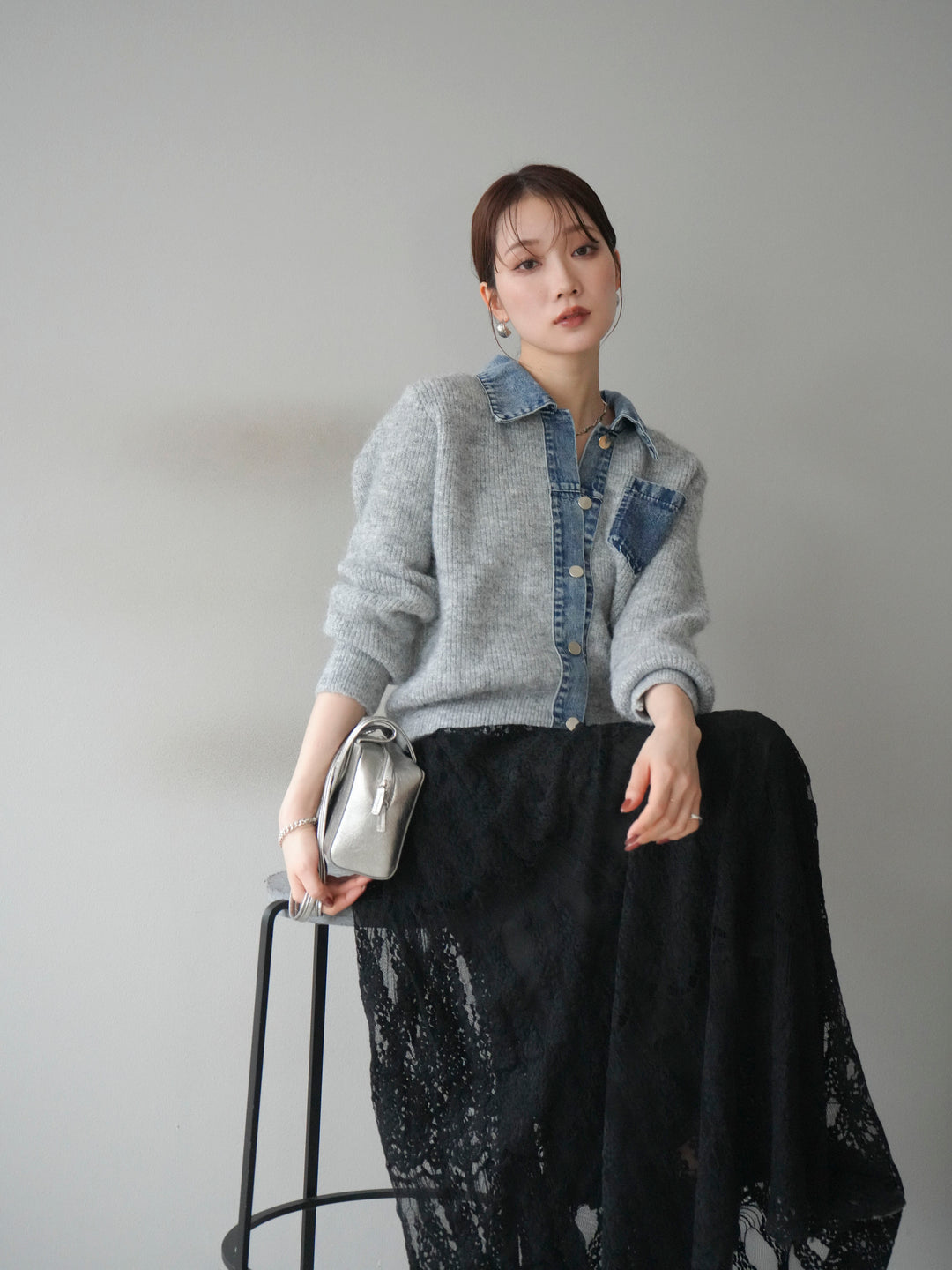 [予約]デニム襟ポケットニットカーディガン/gray