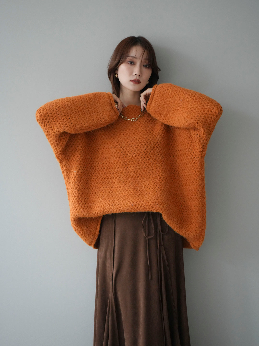 [予約]ワッフル編みオーバーニットプルオーバー/mustard