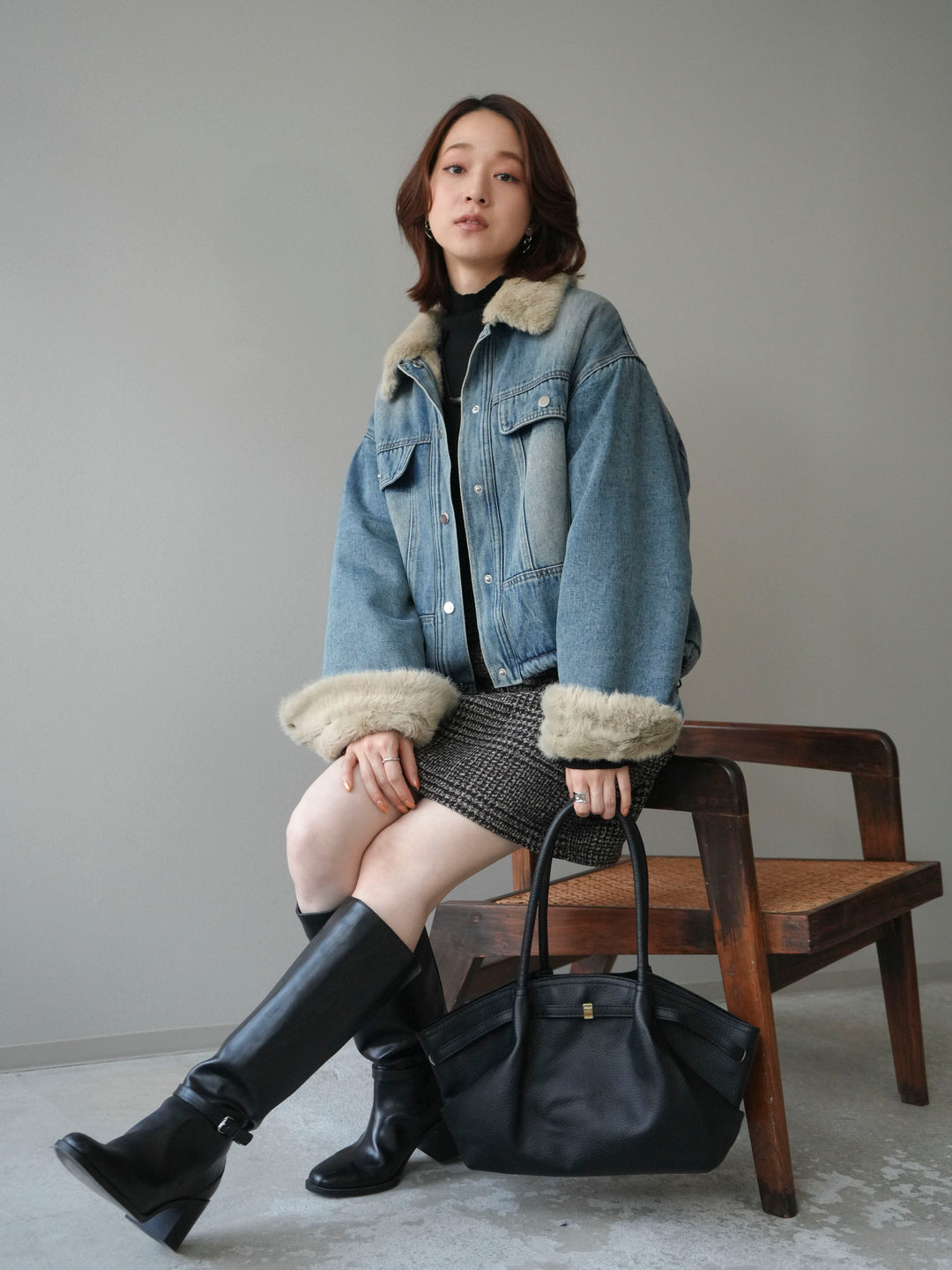 [予約]デニム×ファーステンカラーショートジャケット/lightblue