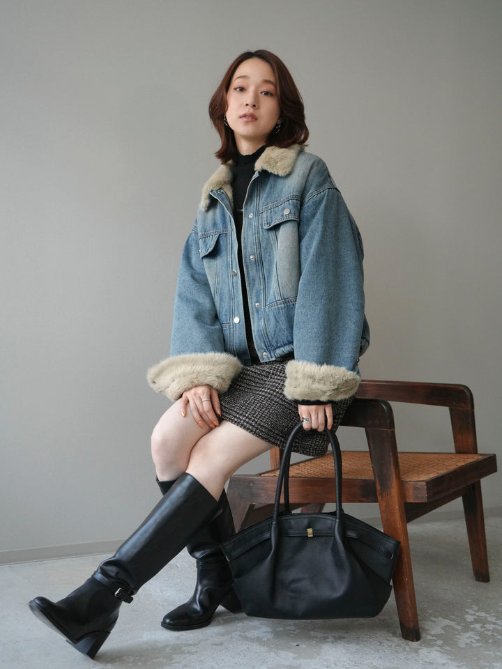 [予約]デニム×ファーステンカラーショートジャケット/lightblue