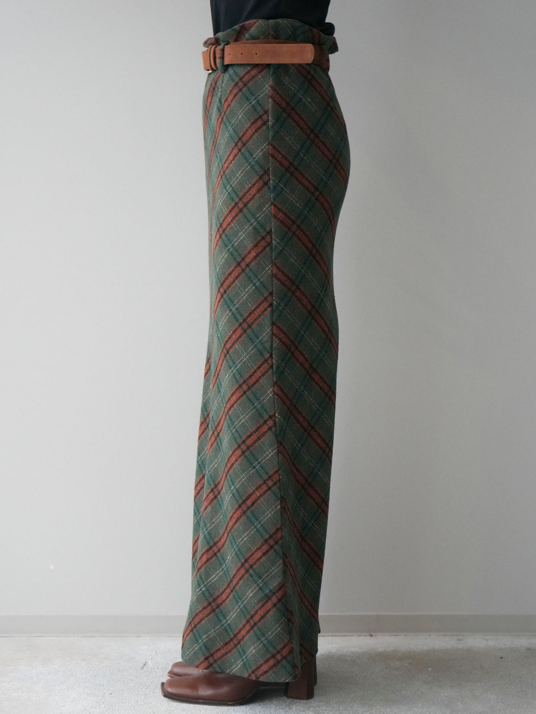 [予約]ベルト付チェック柄ナロースカート/green