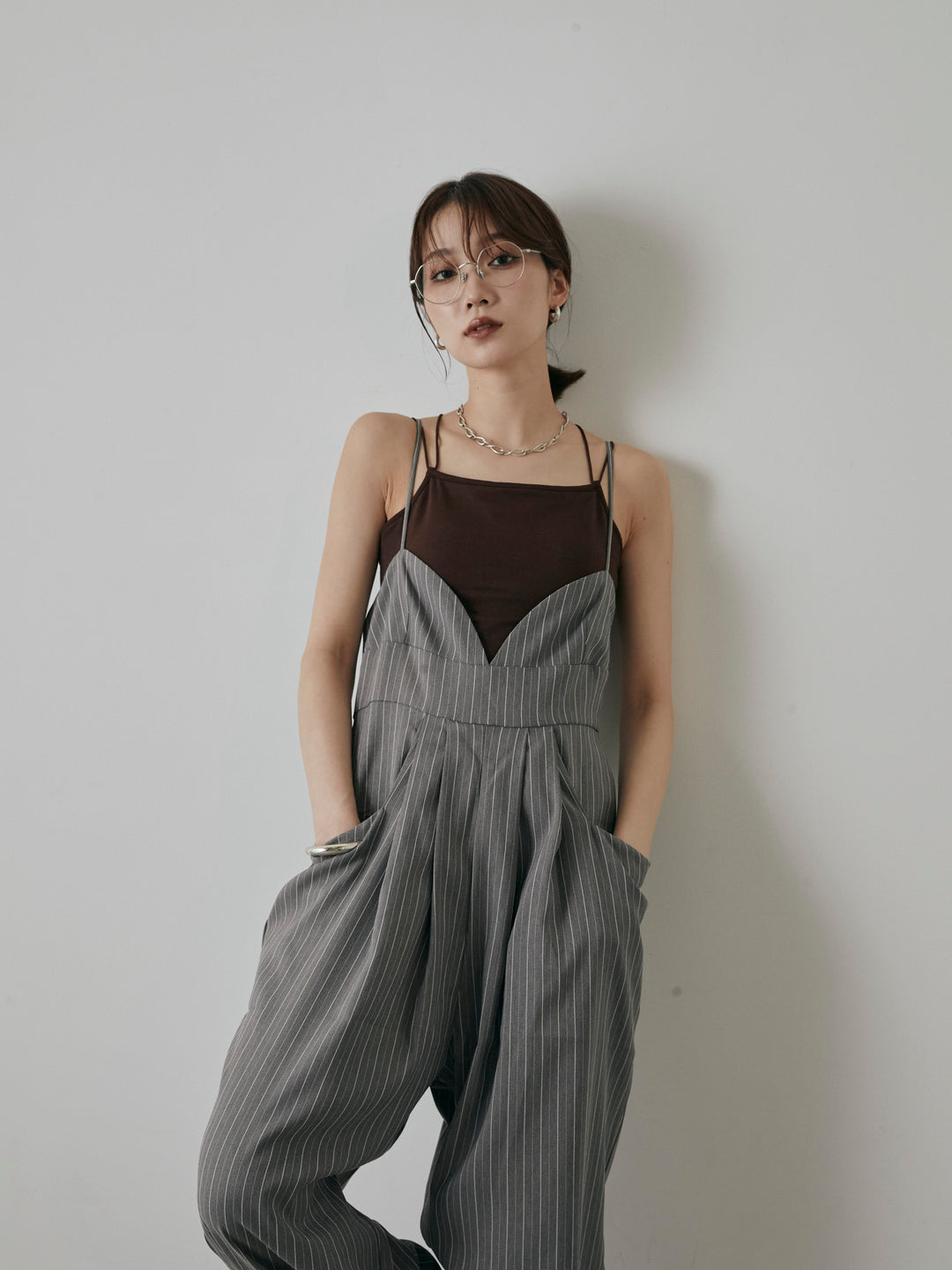 [予約]ヘリンボーンストライプサロペット/チャコール