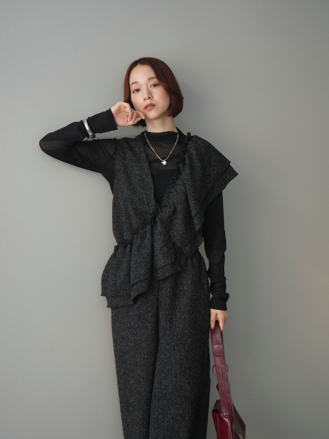 [SET]3WAYミックスツイードギャザーオールインワン+シアープチネックストレッチトップス(2set)