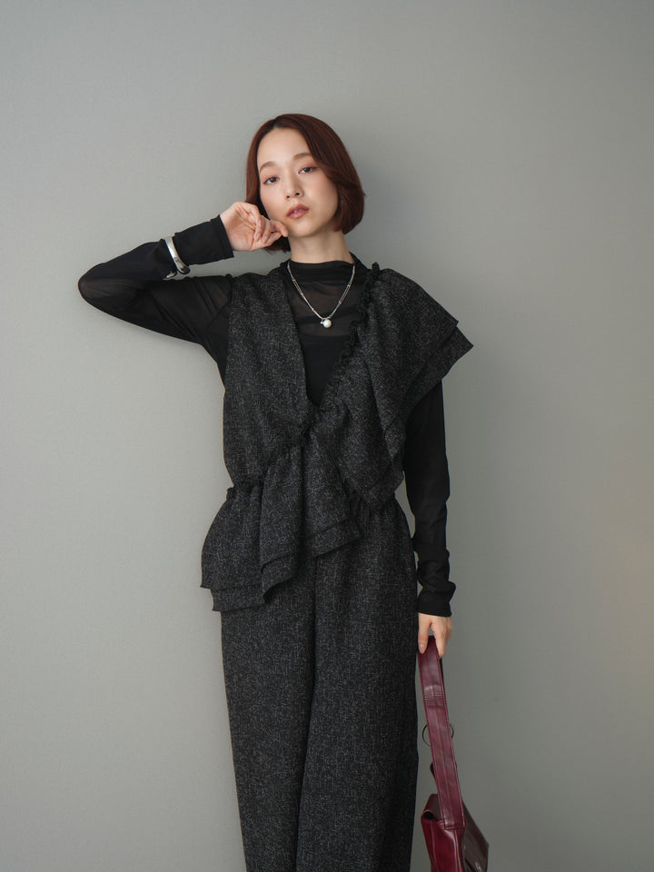 [SET]3WAYミックスツイードギャザーオールインワン+シアープチネックストレッチトップス(2set)