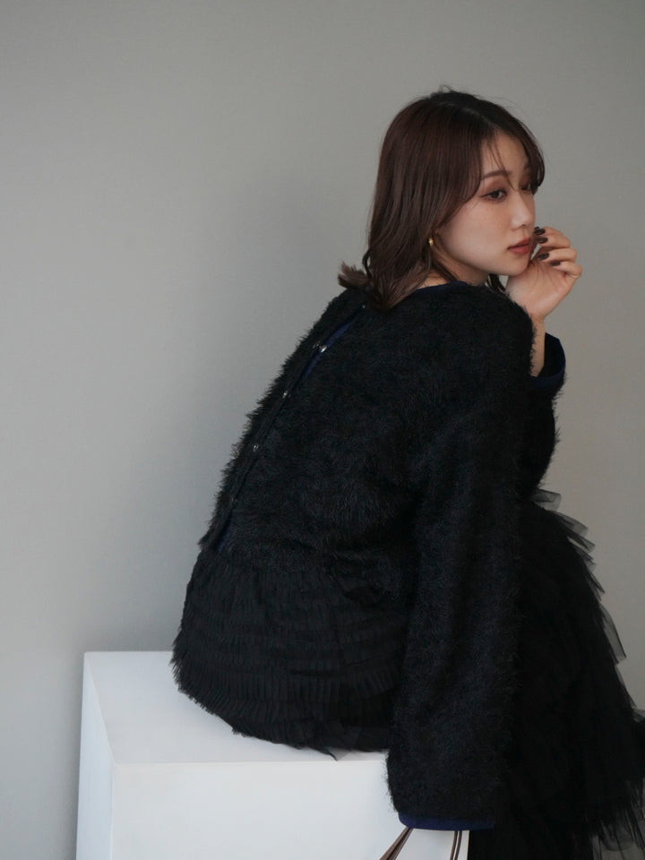 [予約]バイカラー2WAYシャギーニットカーディガン/black