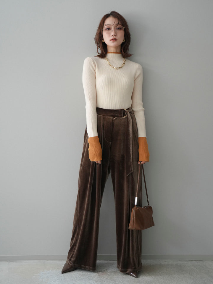 [SET]袖ボタンハイネック配色リブニットトップス+ベロアベルトスリムパンツ(2set)