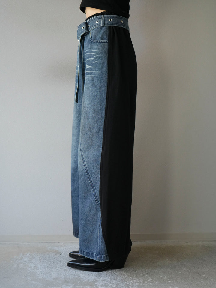 [予約]デザインベルトデニムドッキングスウェットスカート/ブラック