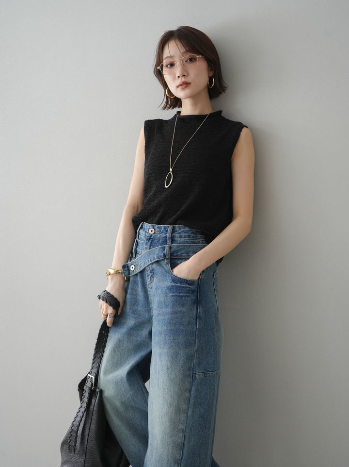 [予約]ノースリーブリネンタッチシアーニットプルオーバー/black