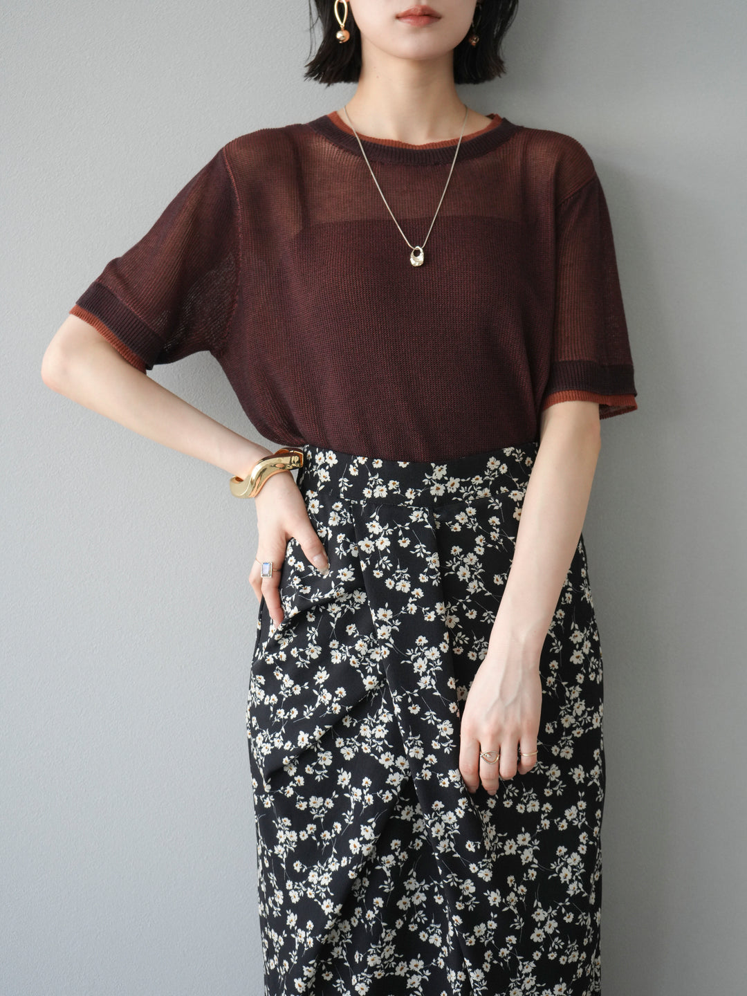 [SET]リネンタッチ配色二重臼ハーフニットトップス+選べるアソート柄スカートセット(2set)