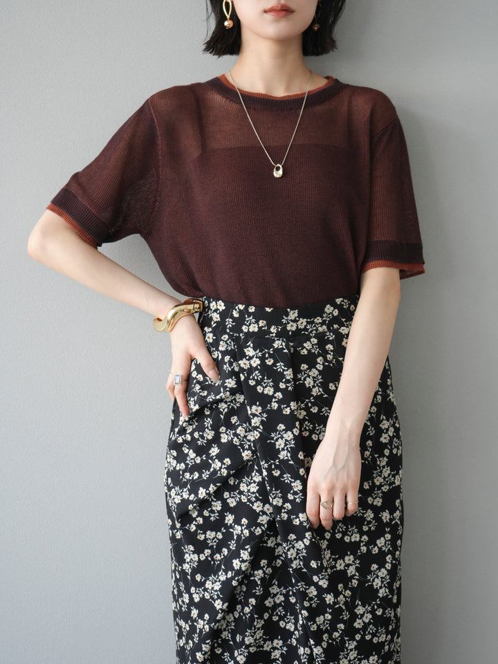 [SET]リネンタッチ配色二重臼ハーフニットトップス+選べるアソート柄スカートセット(2set)