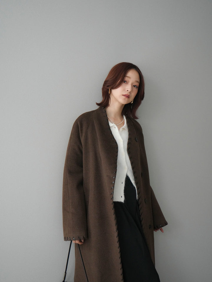 [SET]ハンドステッチ裏中綿ロングコート+モヘア衿付きボタンプルオーバー(2set)