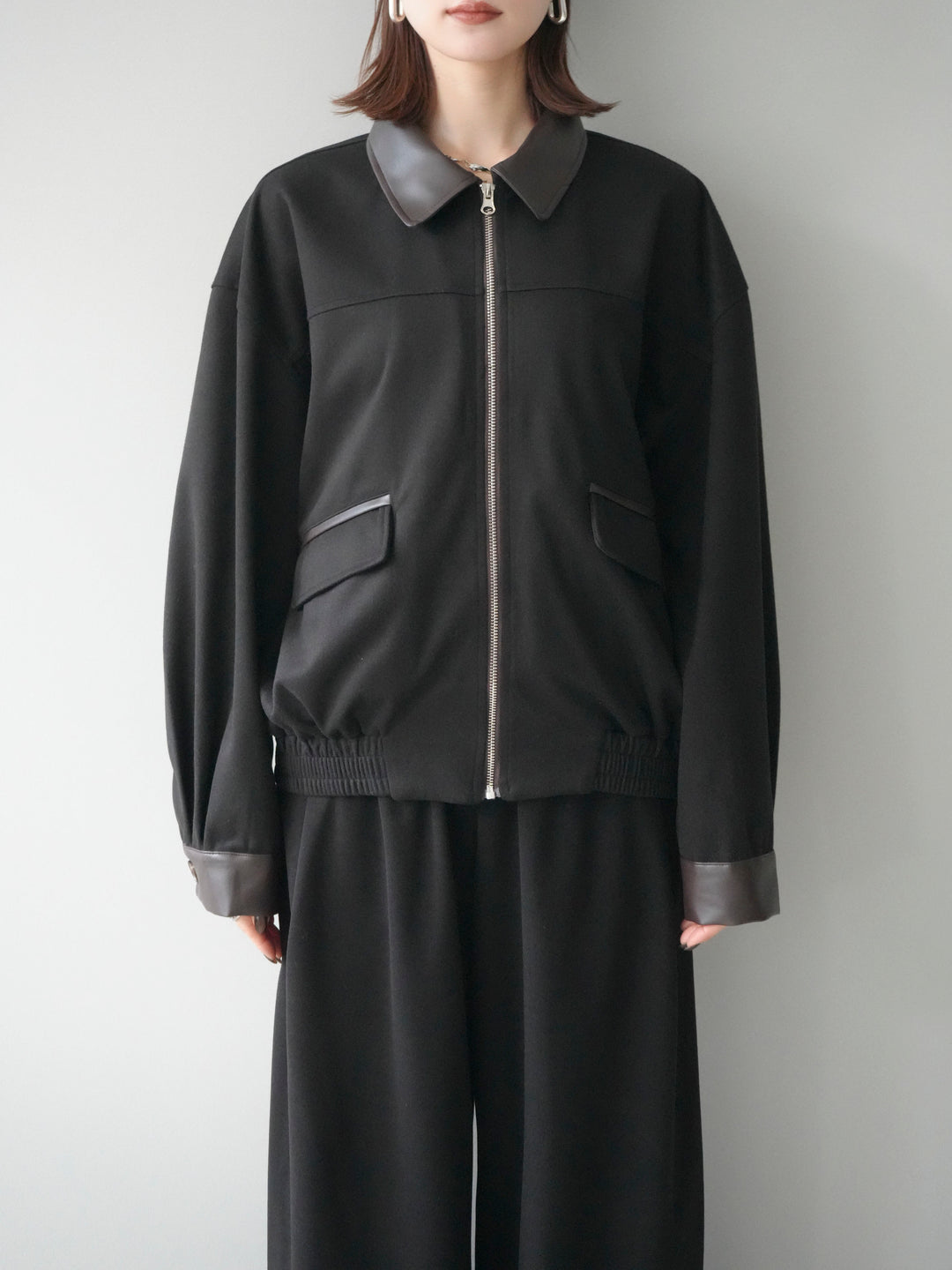 [予約]レザー襟配色パイピングブルゾン/black