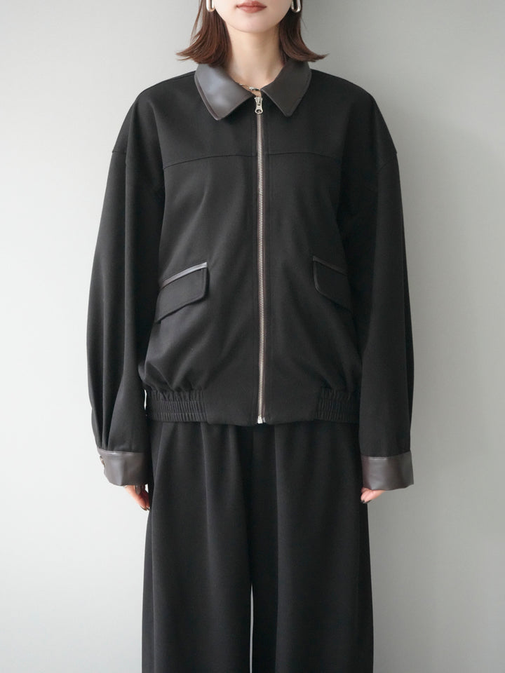 [予約]レザー襟配色パイピングブルゾン/black