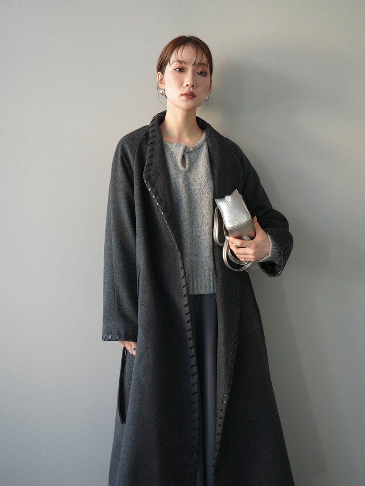 [SET]ハンドステッチ裏中綿ロングコート+ツイストネックラメネップヤーンニットプルオーバー+テープベルトタックバギーパンツ(3set)