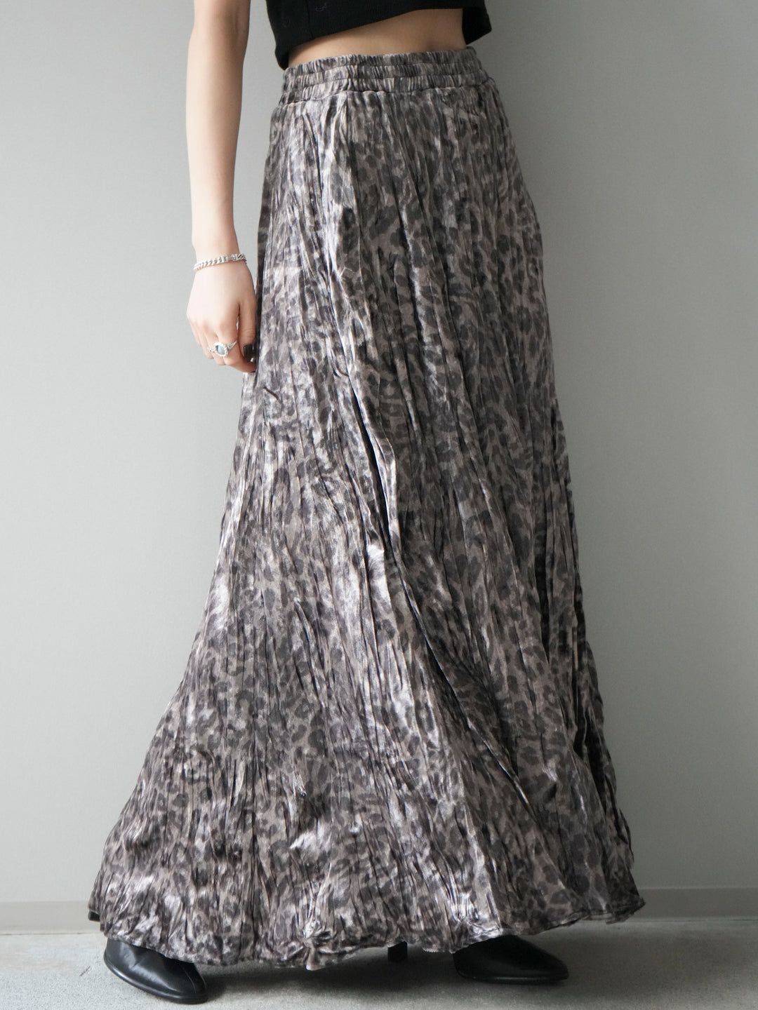 [予約]レオパードベロアワッシャーロングスカート/gray