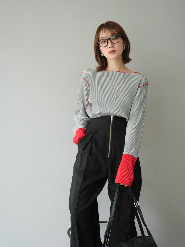 [予約]バイカラープリーツトップス/グレー