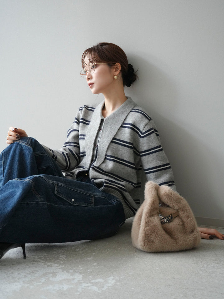 [予約]ボウタイボーダーニットカーディガン/gray