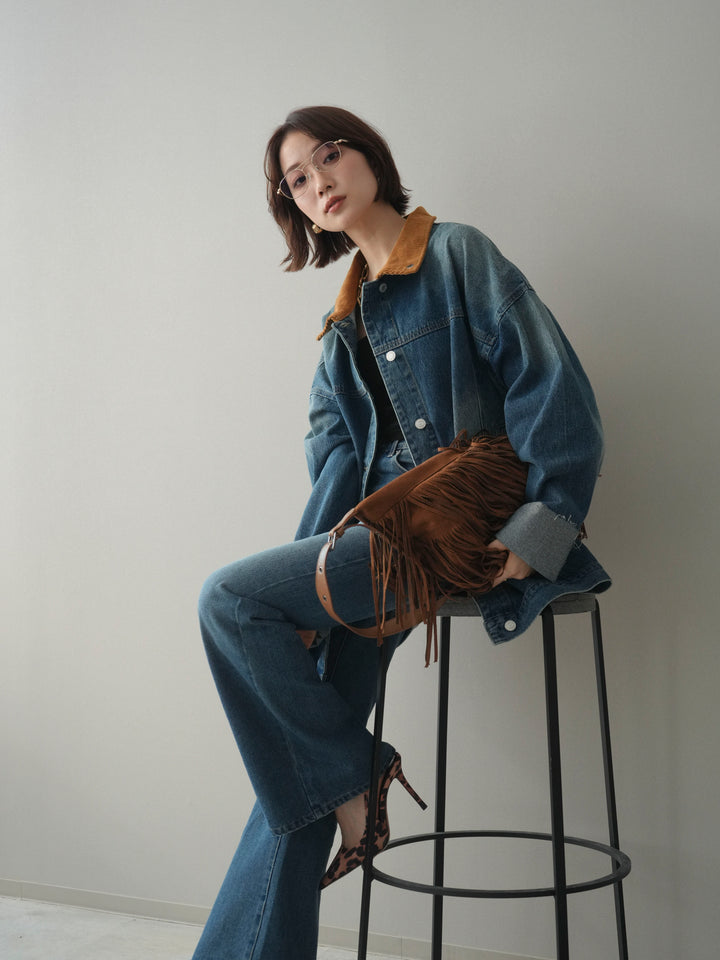 [SET]コーデュロイ×デニムミドルジャケット+フレアデニムパンツ(2set)