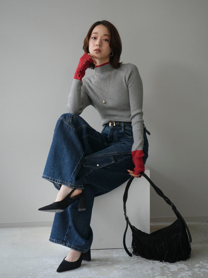 [予約]袖ボタンハイネック配色リブニットトップス/gray