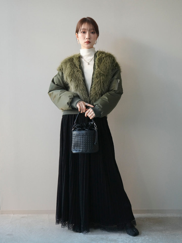 [SET]ファードッキングMA-1+袖ボタンボトルネックリブニットトップス+裾レーススウェードプリーツマキシスカート(3set)