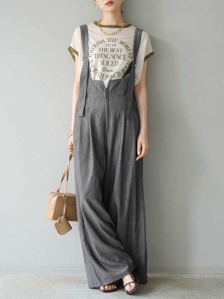 [SET]ストリングデザインハイウエストサロペット+シアーフライス ロゴプリントT (2set)