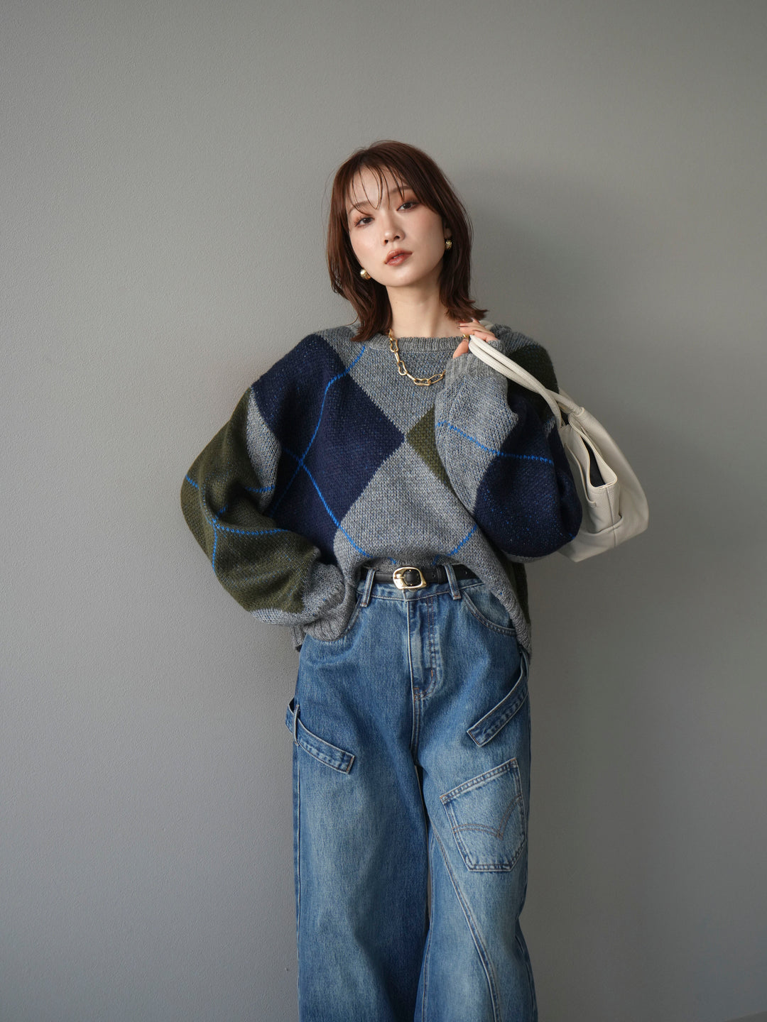 [SET]配色ステッチアーガイル柄ニットプルオーバー+配色ステッチアーガイル柄ニットプルオーバー(2set)