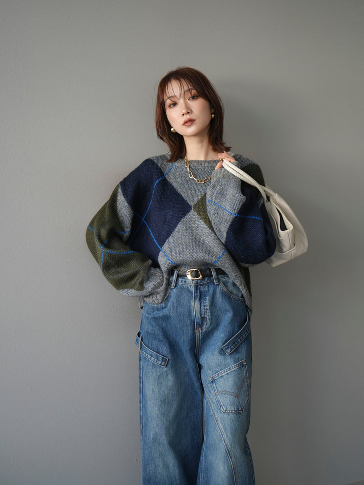 [SET]配色ステッチアーガイル柄ニットプルオーバー+配色ステッチアーガイル柄ニットプルオーバー(2set)