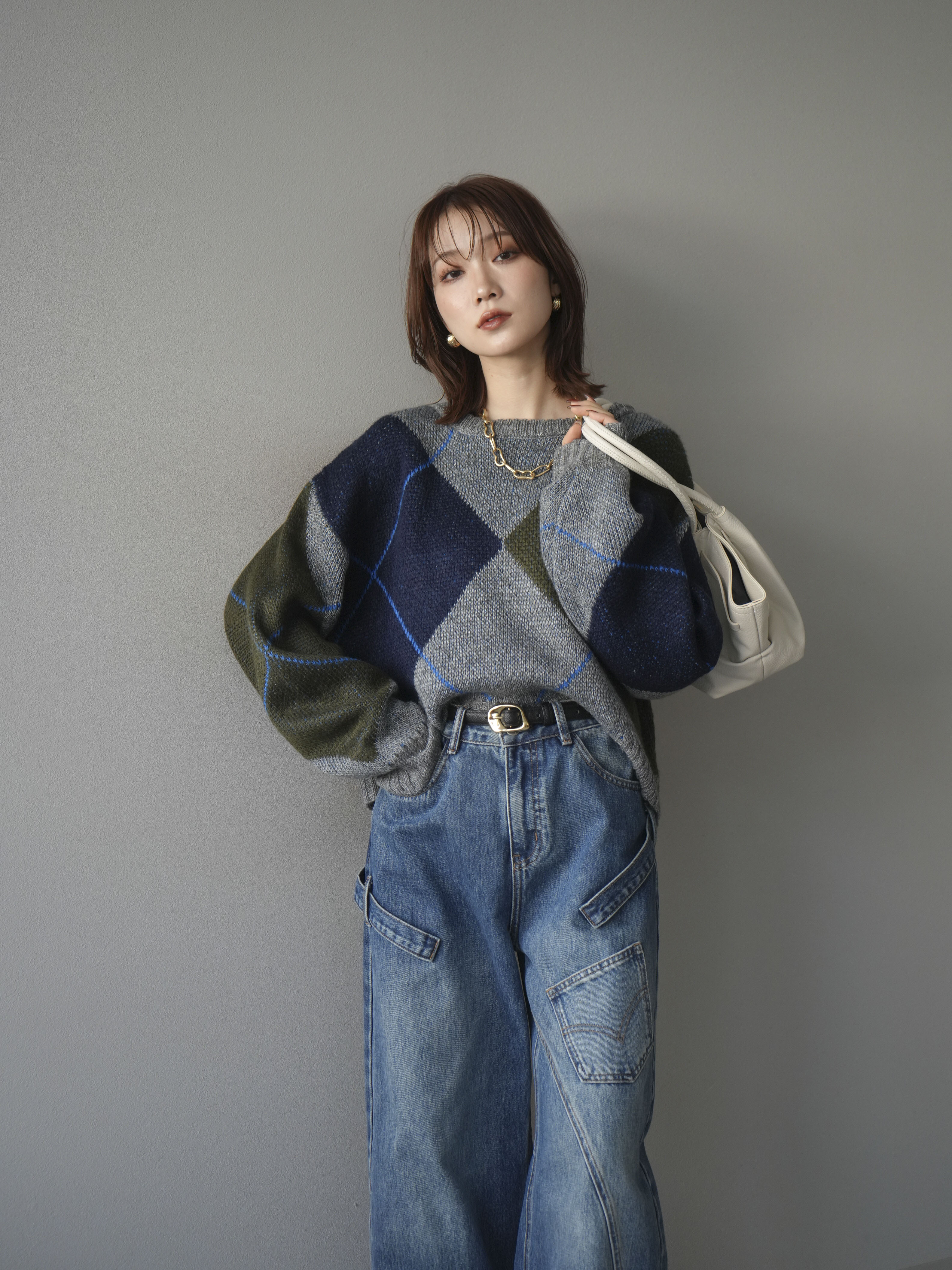 SET]配色ステッチアーガイル柄ニットプルオーバー+ペインターカーブ