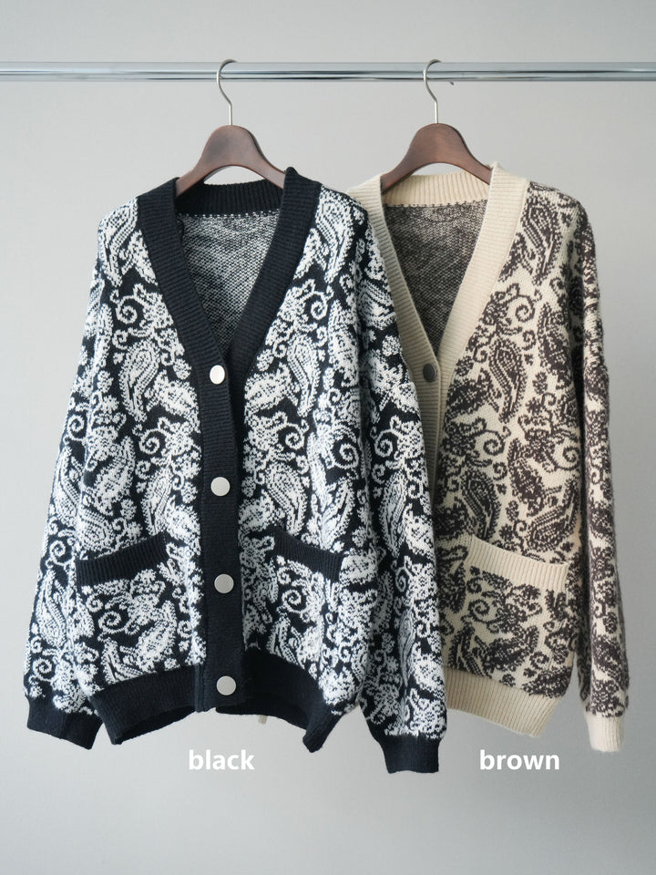 [SET]ペイズリー柄ニットカーディガン+パンチングデザインスエードプリーツスカート(2set)